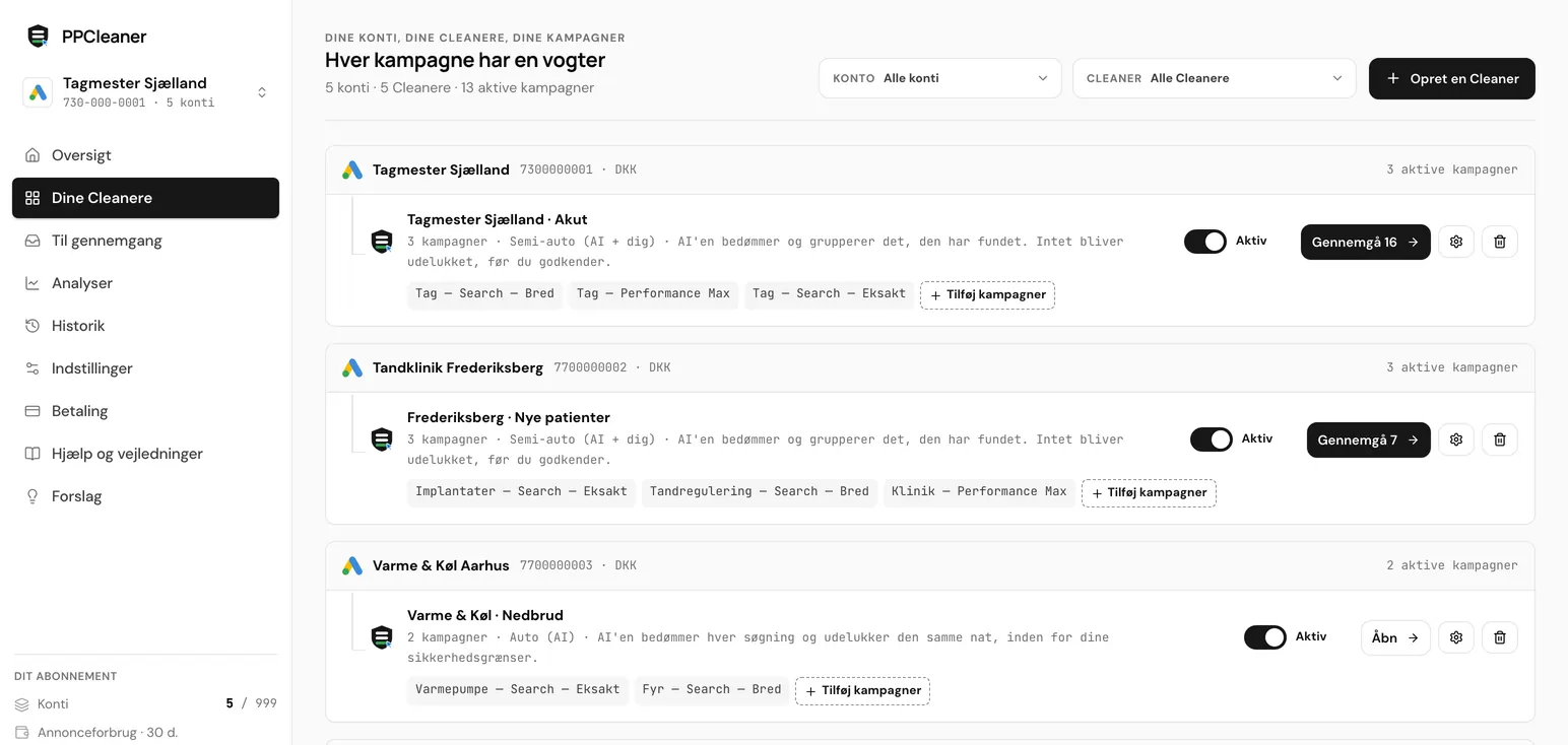 PPCleaner med fem Google Ads-konti side om side, hver med sin egen Cleaner kørende — Gennemgang først, Autopilot og Mine regler — og søgningerne, der venter på gennemgang.