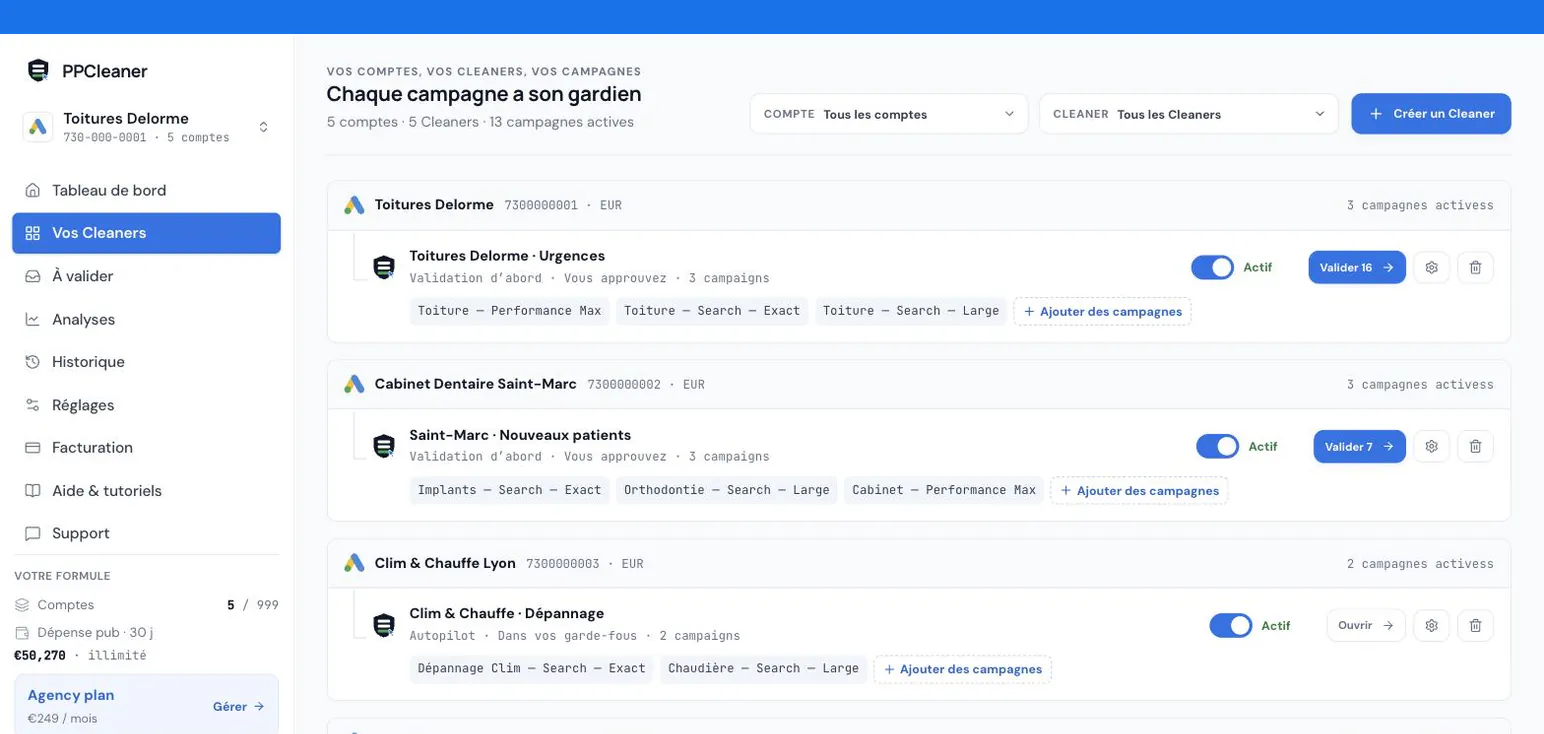 PPCleaner avec cinq comptes Google Ads côte à côte, chacun avec son Cleaner en service — Review first, Autopilot et My rules — et les recherches en attente de revue.