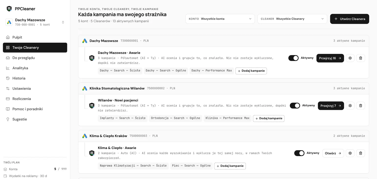 PPCleaner z pięcioma kontami Google Ads obok siebie, każde ze swoim Cleanerem w działaniu — Półautomat, Autopilot i Moje reguły — oraz wyszukiwania czekające na przegląd.