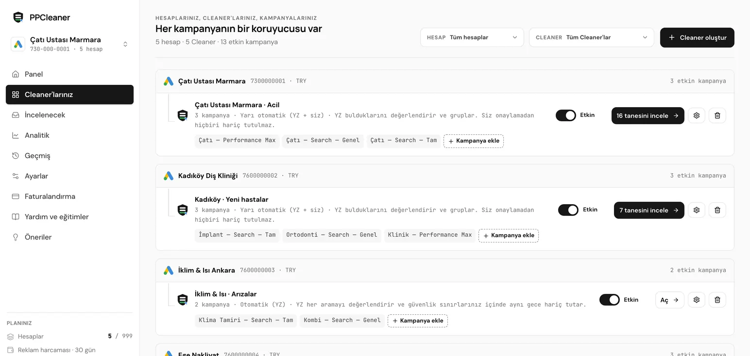PPCleaner, yan yana beş Google Ads hesabı, her biri kendi Cleaner'ı çalışır hâlde — Yarı otomatik, Autopilot ve Kurallarım — ve incelemeyi bekleyen aramalar.