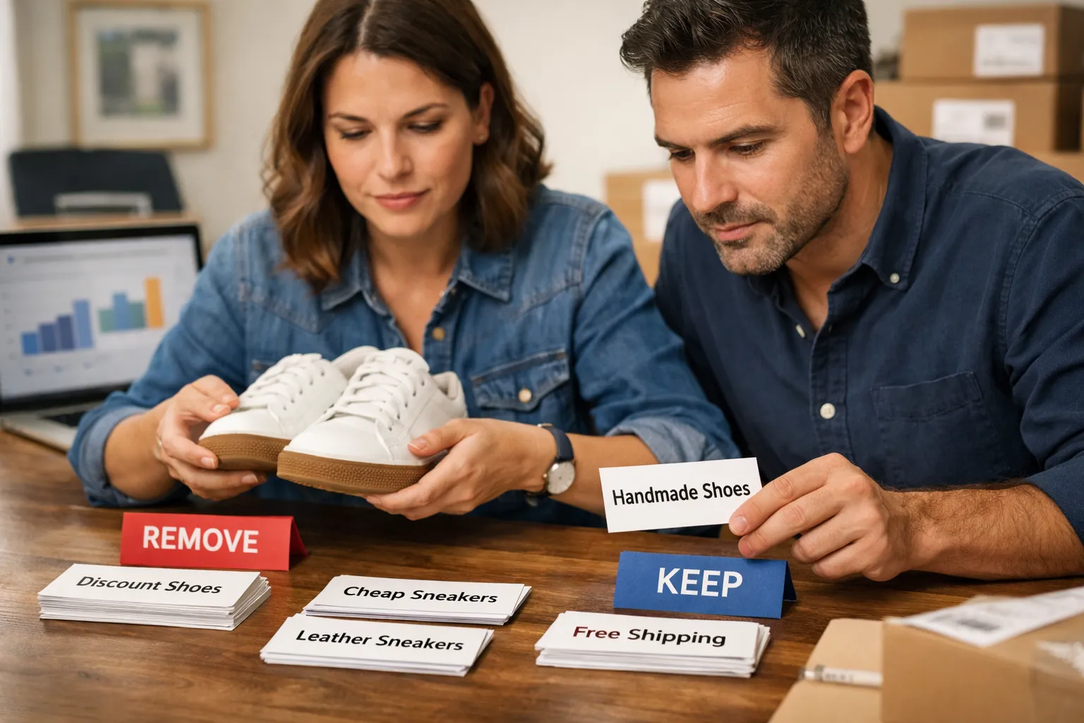 An ecommerce owner and marketer reviewing search-query cards beside products and customer orders.