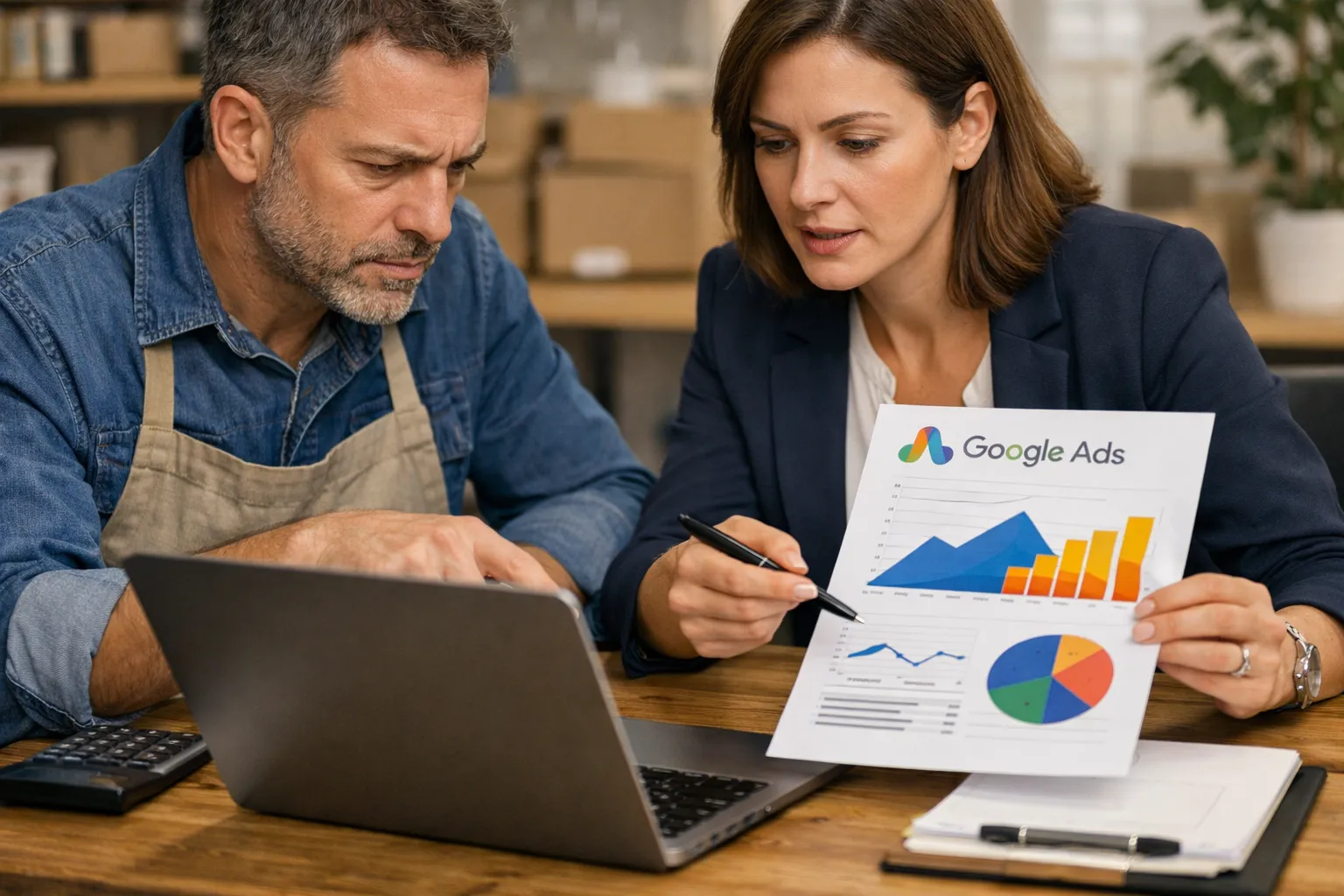 A business owner and marketer reviewing an advertising decision in their workplace.