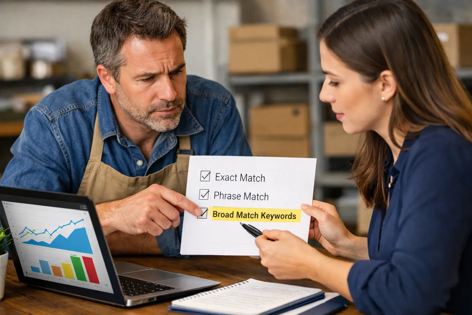 A business owner and marketer reviewing an advertising decision in their workplace.
