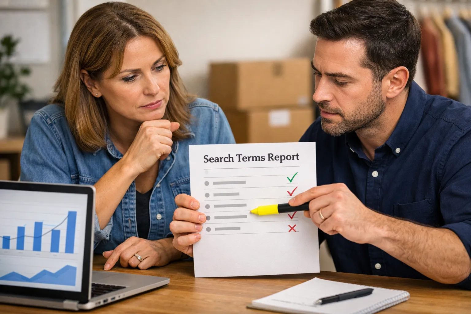 A business owner and marketer reviewing an advertising decision in their workplace.