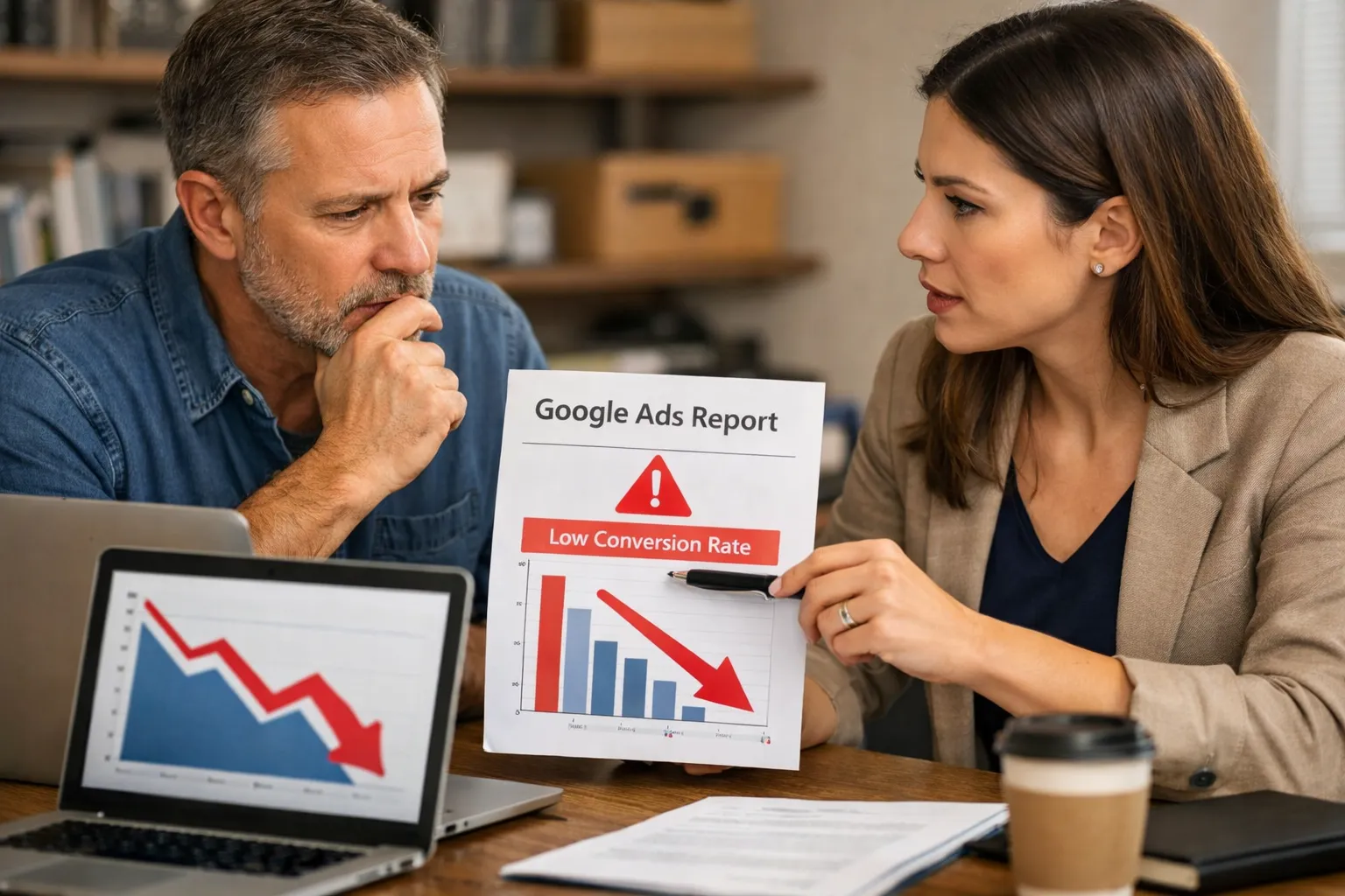 A business owner and marketer reviewing an advertising decision in their workplace.