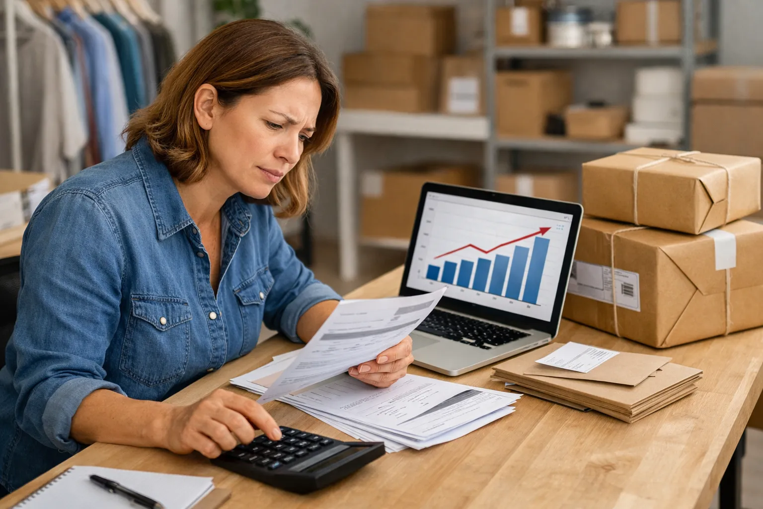 An ecommerce owner checking advertising invoices beside a laptop, calculator and packed orders.