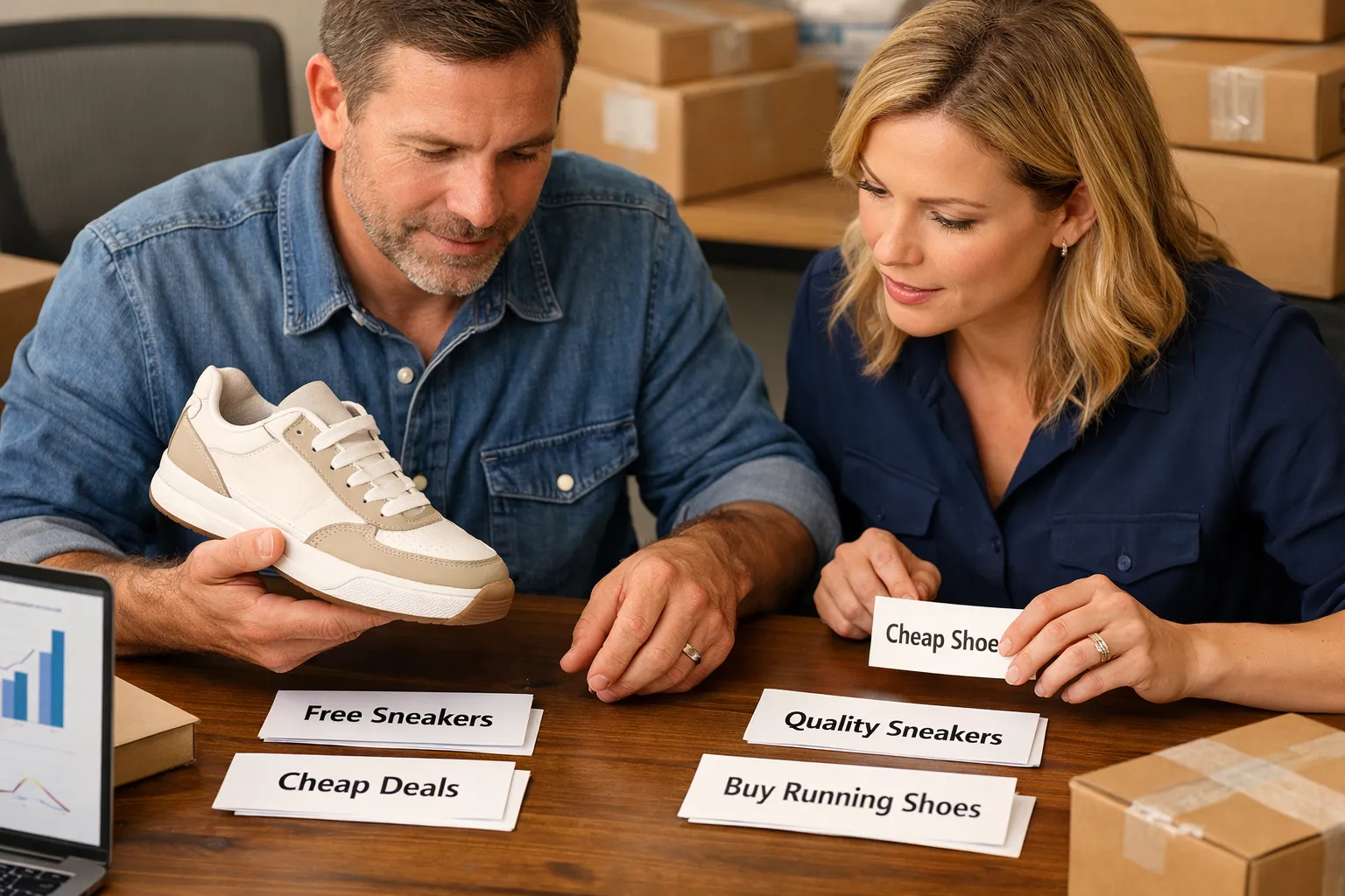 An ecommerce owner and marketer reviewing search-query cards beside products and customer orders.