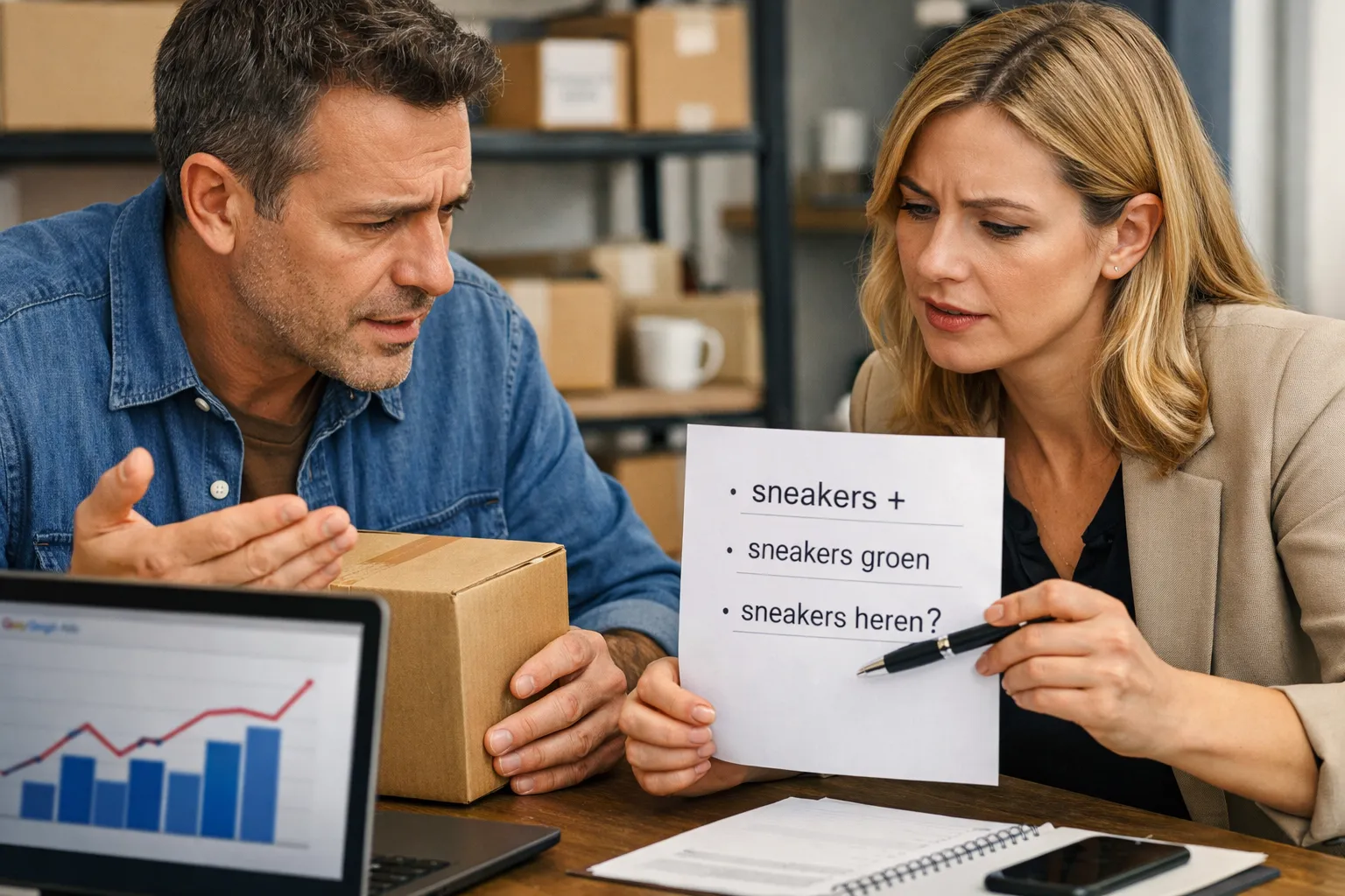 A business owner and marketer reviewing an advertising decision in their workplace.