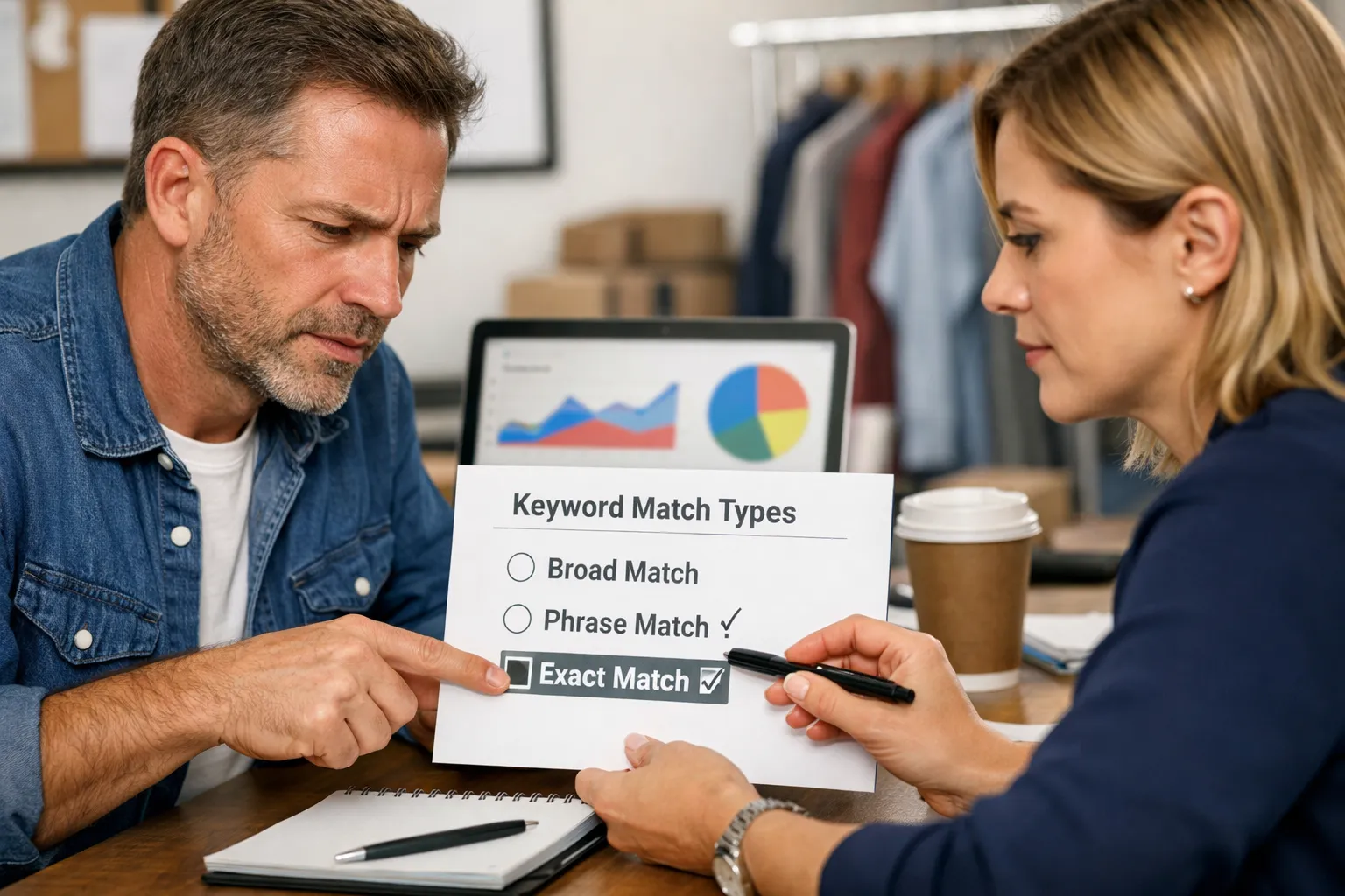 A business owner and marketer reviewing an advertising decision in their workplace.