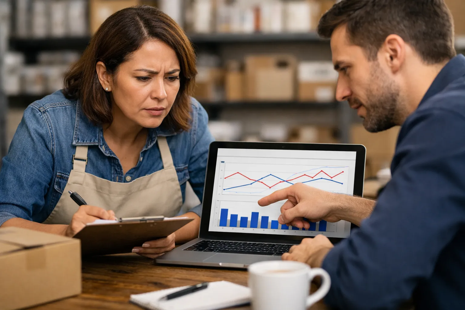 A business owner and marketer reviewing an advertising decision in their workplace.