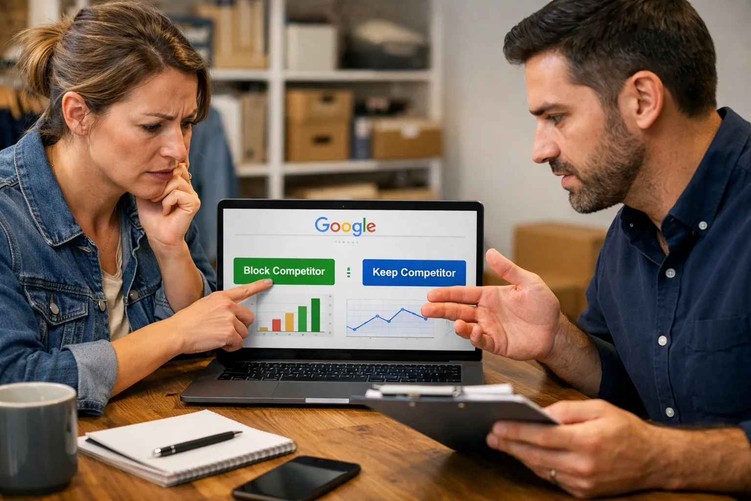 A business owner and marketer reviewing an advertising decision in their workplace.