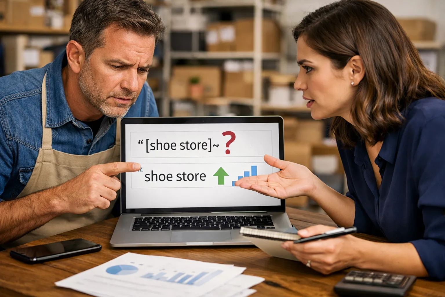 A business owner and marketer reviewing an advertising decision in their workplace.