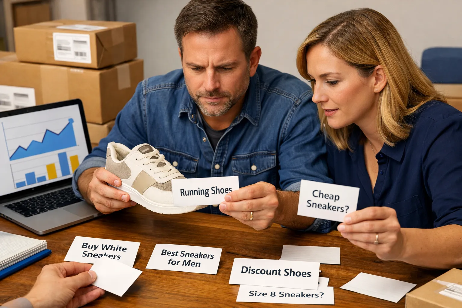 An ecommerce owner and marketer reviewing search-query cards beside products and customer orders.