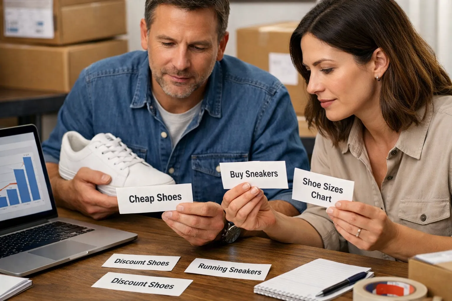 An ecommerce owner and marketer reviewing search-query cards beside products and customer orders.