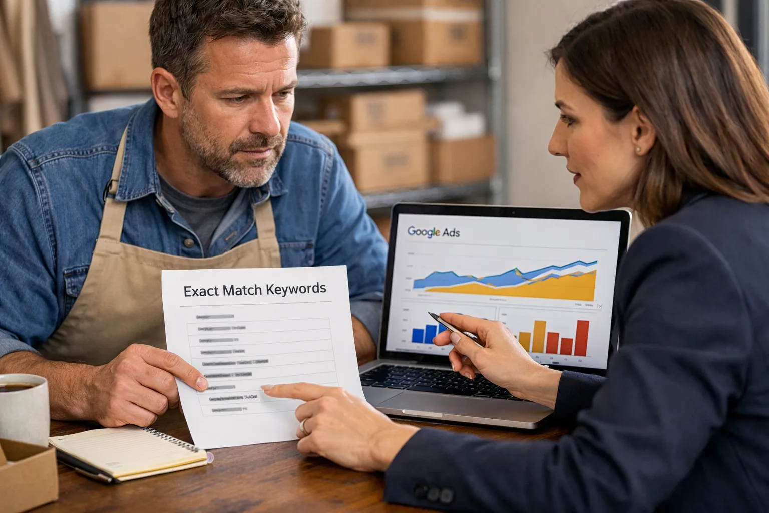 A business owner and marketer reviewing an advertising decision in their workplace.