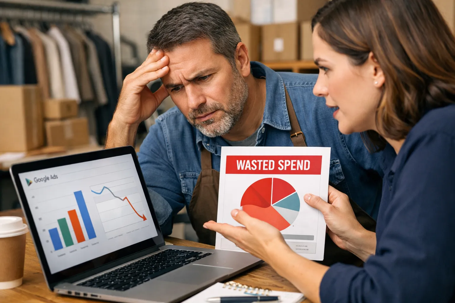 A business owner and marketer reviewing an advertising decision in their workplace.