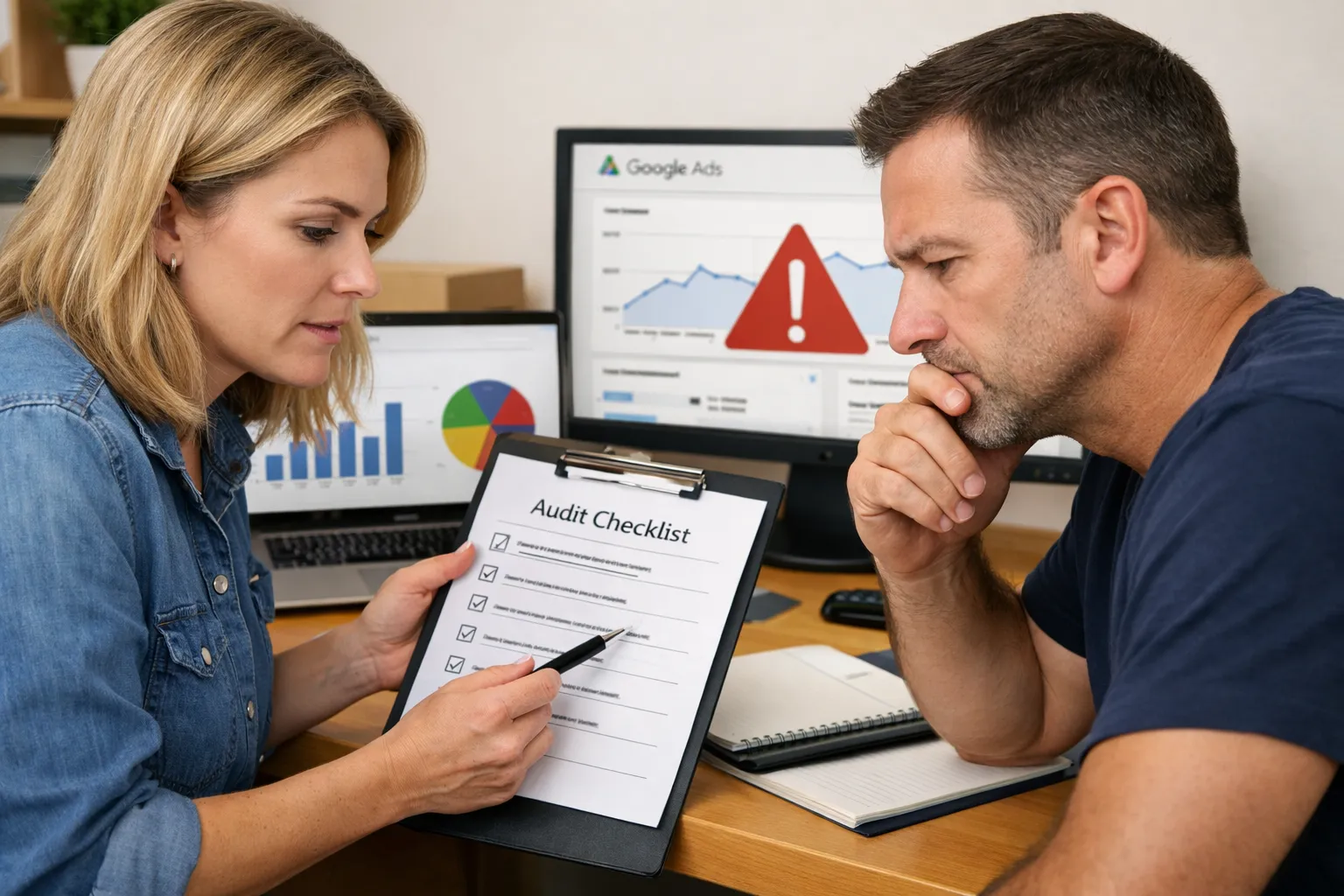 A business owner and marketer reviewing an advertising decision in their workplace.
