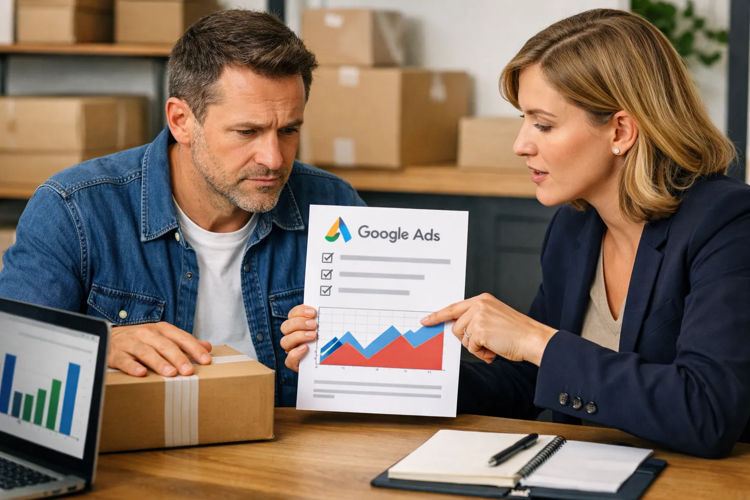 A business owner and marketer reviewing an advertising decision in their workplace.