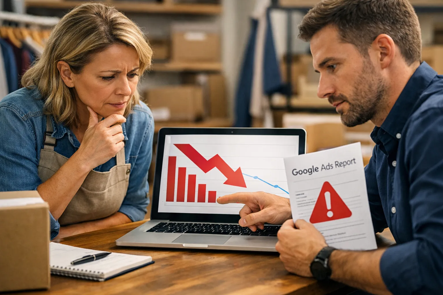 A business owner and marketer reviewing an advertising decision in their workplace.
