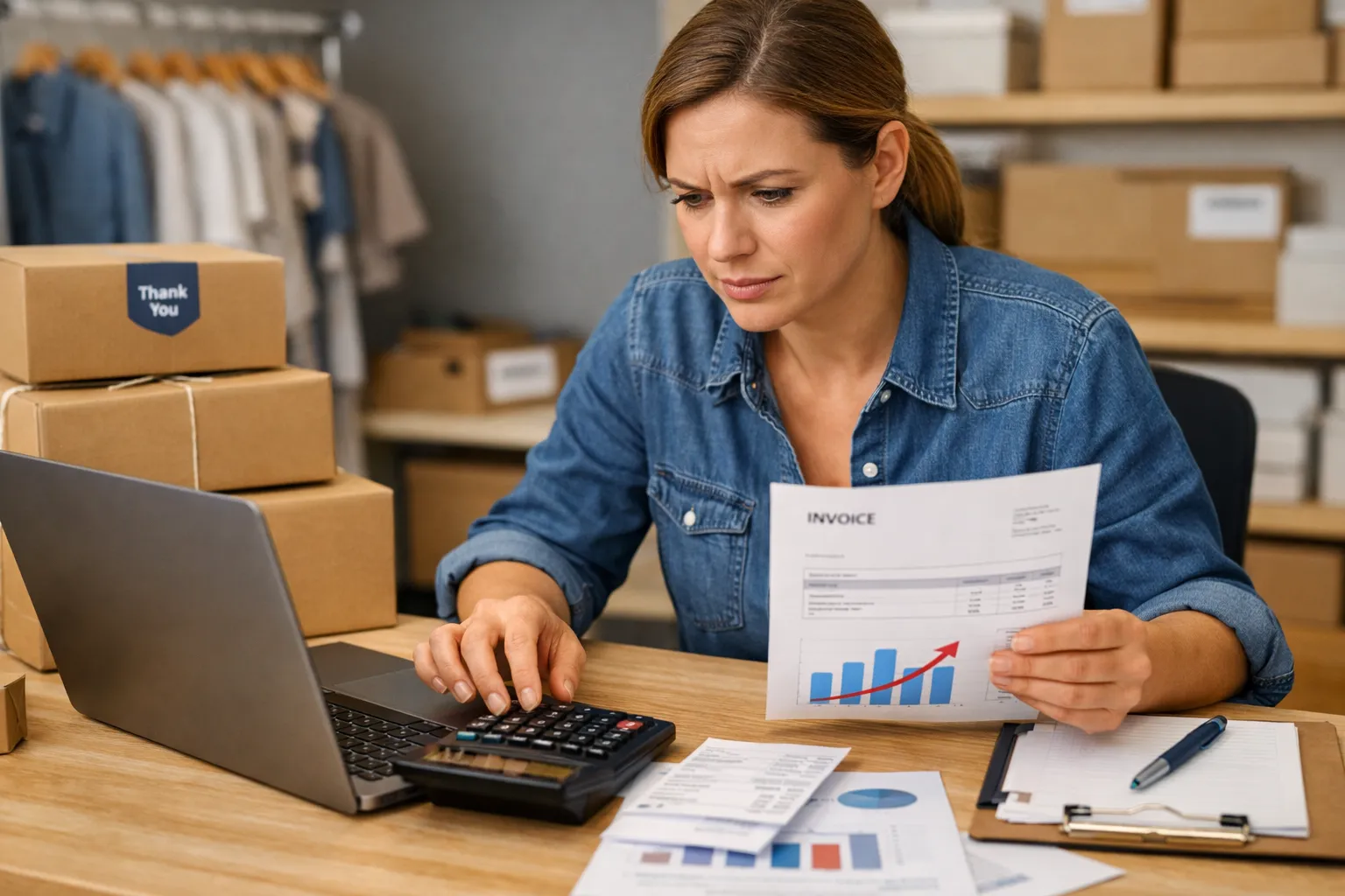 An ecommerce owner checking advertising invoices beside a laptop, calculator and packed orders.