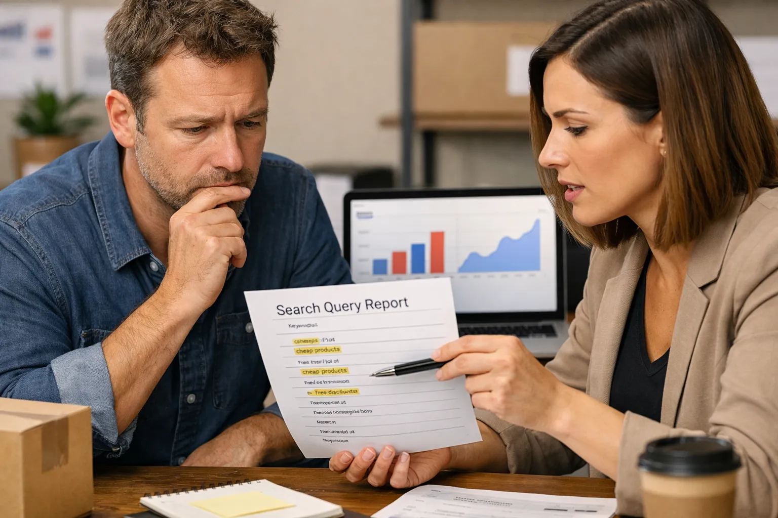 A business owner and marketer reviewing an advertising decision in their workplace.
