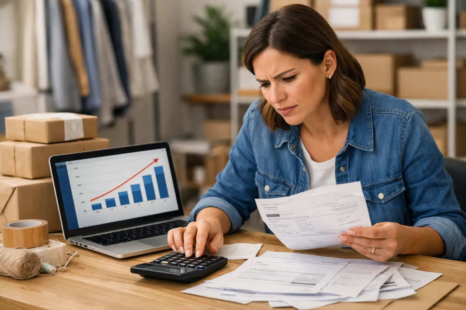 An ecommerce owner checking advertising invoices beside a laptop, calculator and packed orders.