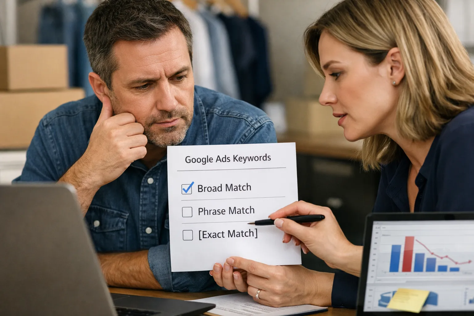 A business owner and marketer reviewing an advertising decision in their workplace.
