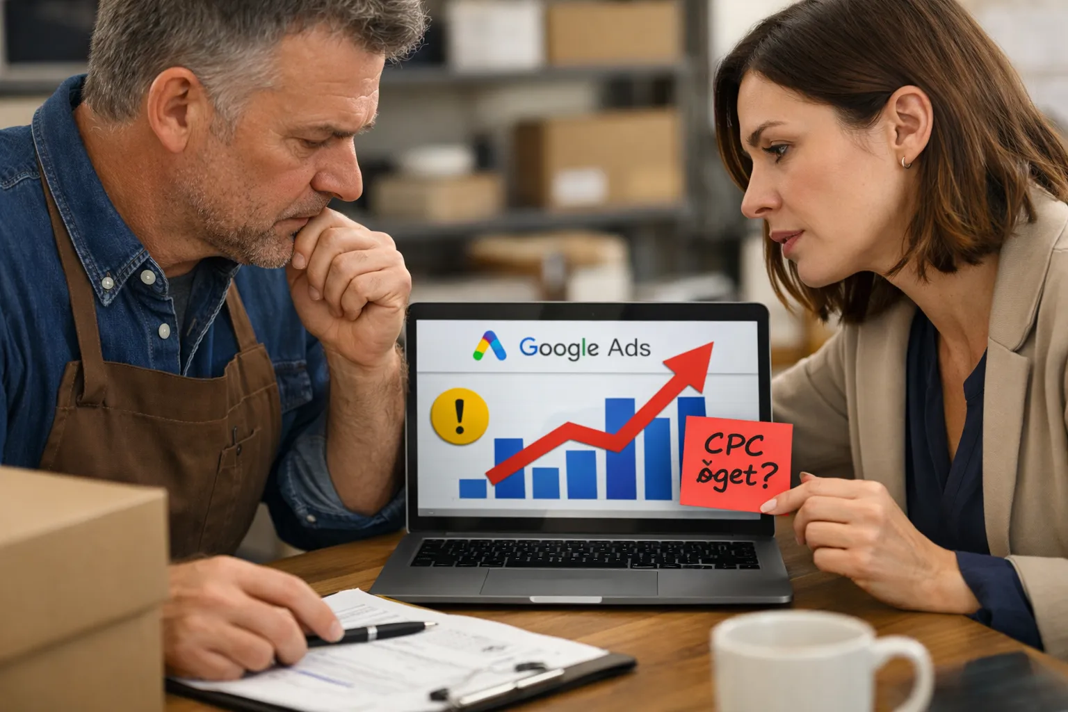 A business owner and marketer reviewing an advertising decision in their workplace.