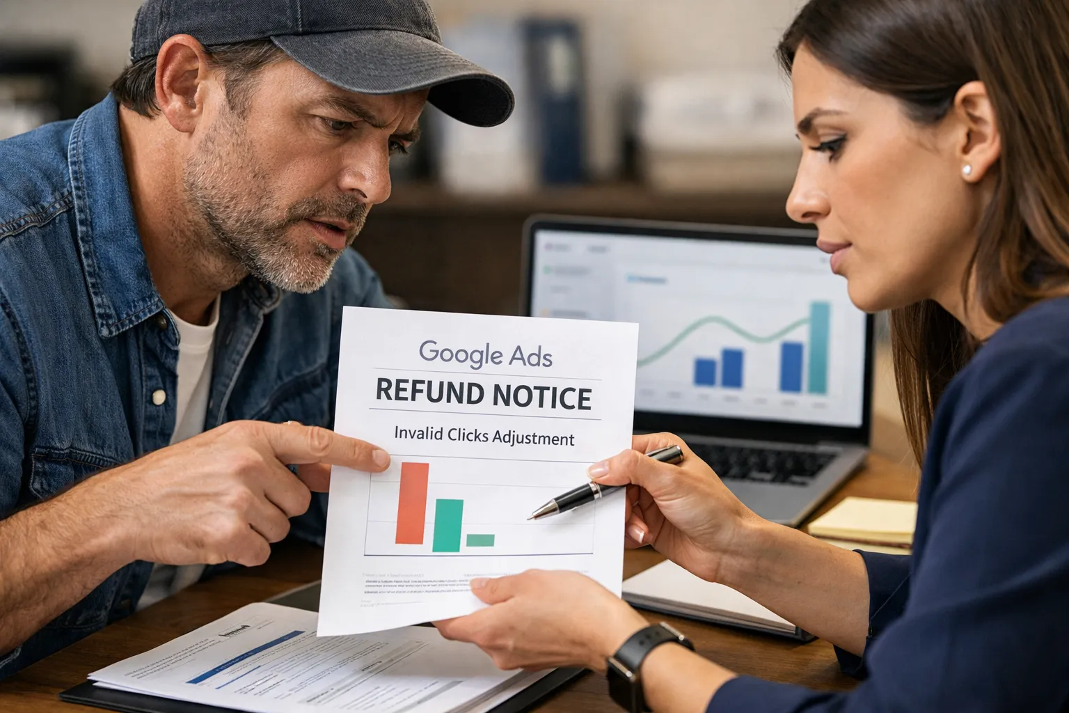 A business owner and marketer reviewing an advertising decision in their workplace.
