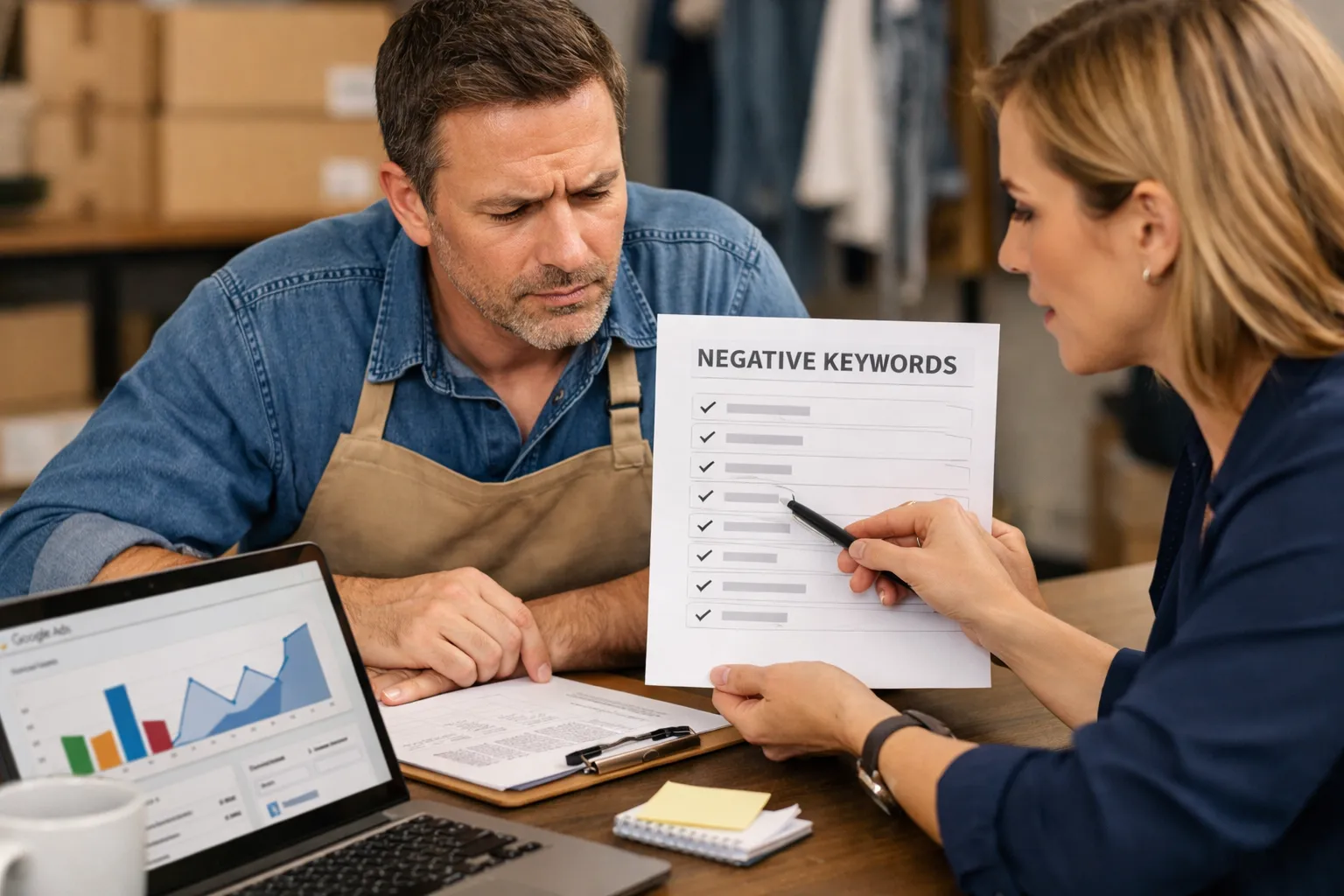 A business owner and marketer reviewing an advertising decision in their workplace.