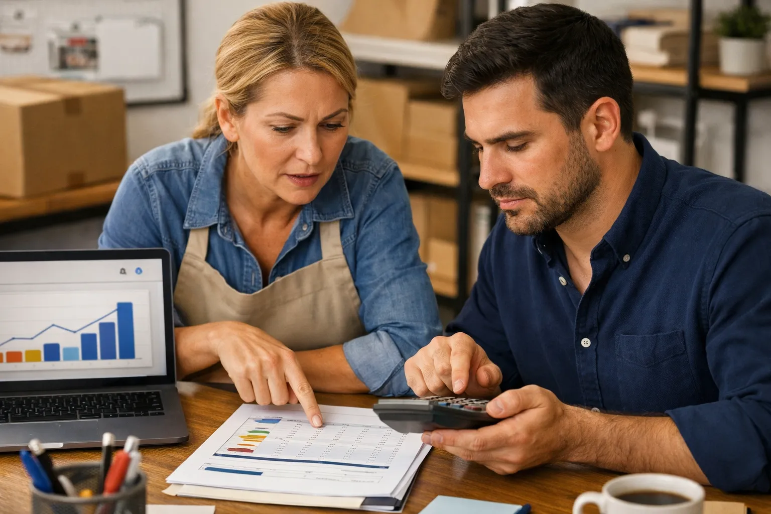 A business owner and marketer reviewing an advertising decision in their workplace.