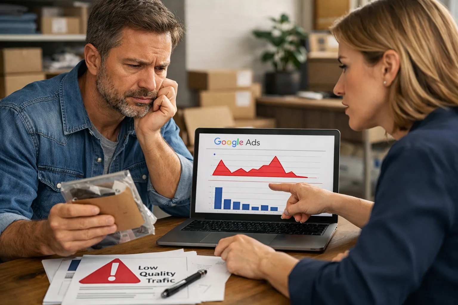 A business owner and marketer reviewing an advertising decision in their workplace.