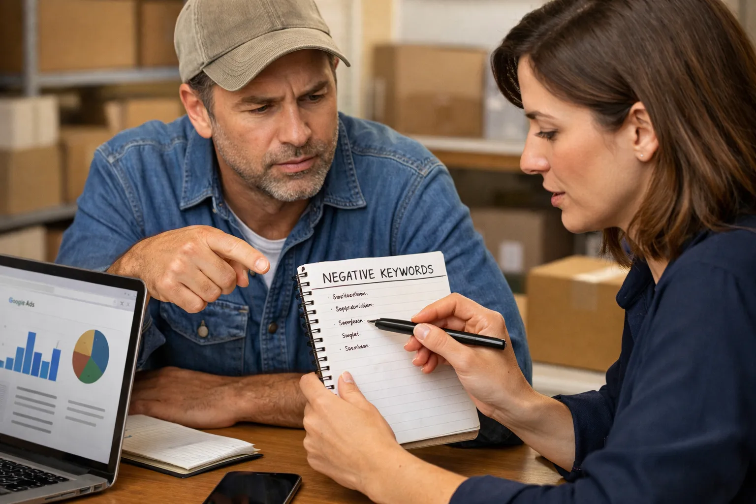 A business owner and marketer reviewing an advertising decision in their workplace.