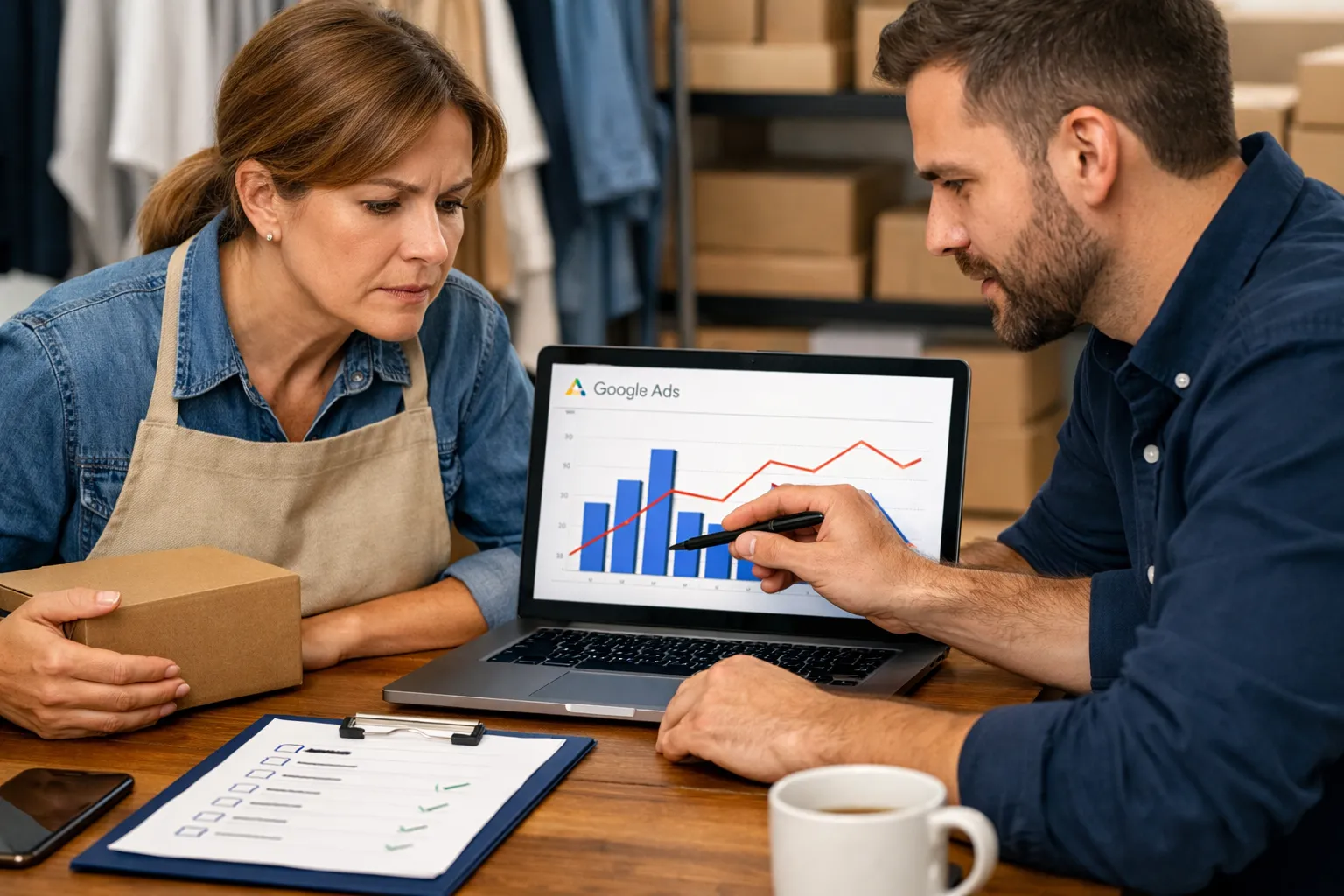 A business owner and marketer reviewing an advertising decision in their workplace.