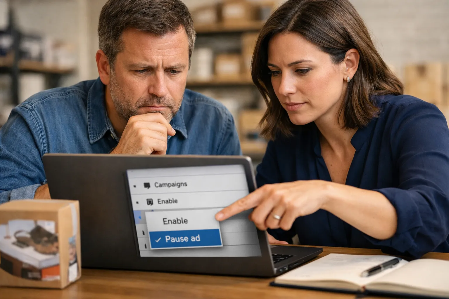 A business owner and marketer reviewing an advertising decision in their workplace.