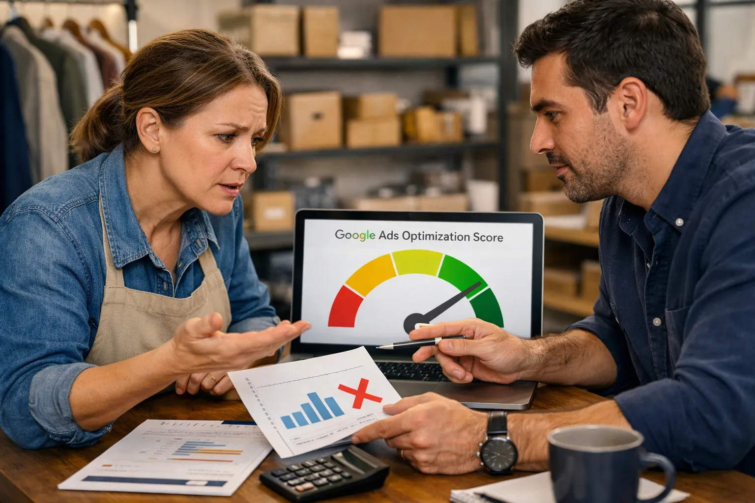 A business owner and marketer reviewing an advertising decision in their workplace.