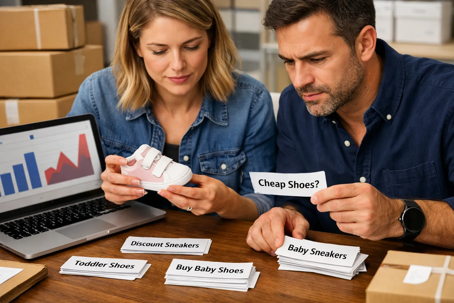 An ecommerce owner and marketer reviewing search-query cards beside products and customer orders.