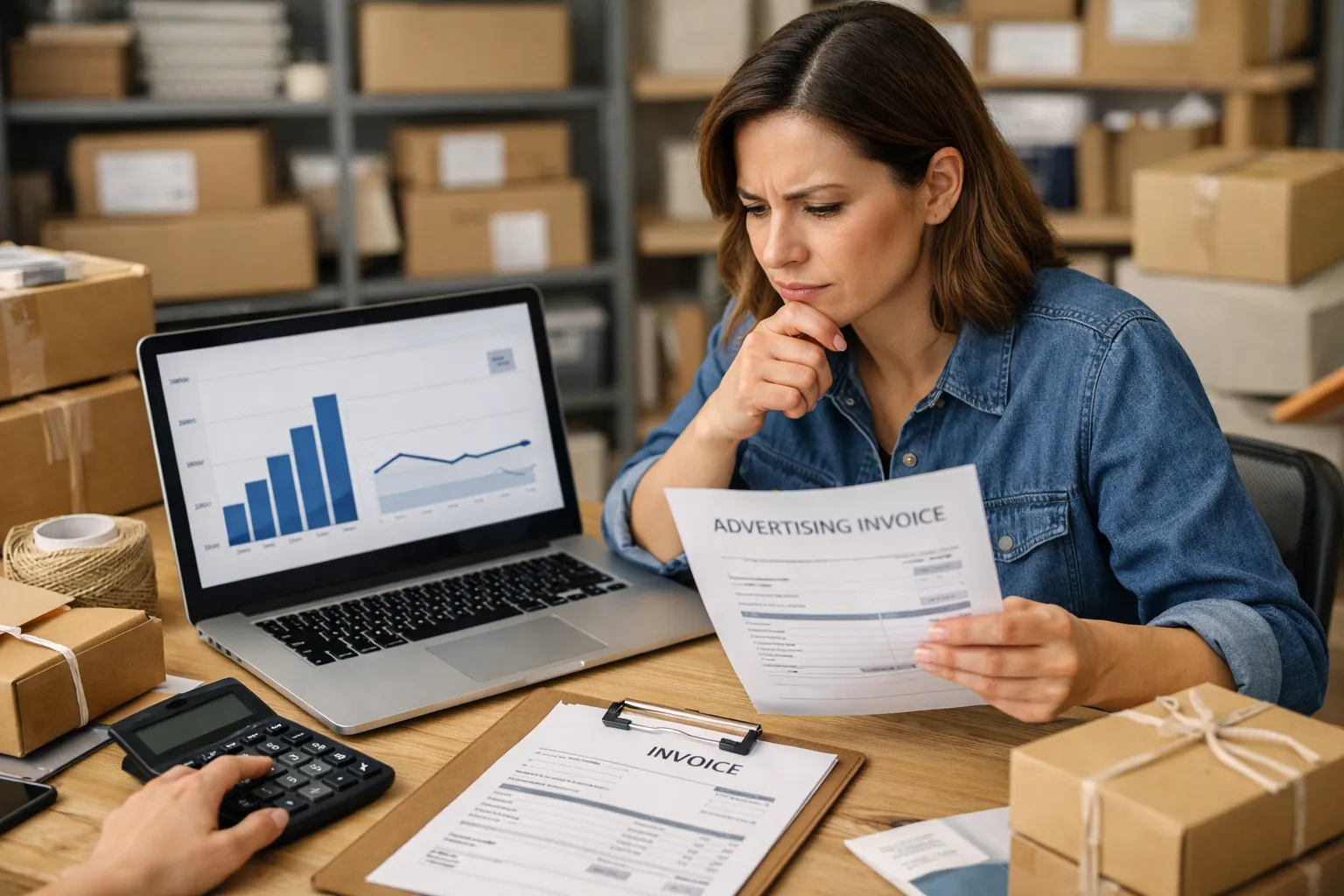 An ecommerce owner checking advertising invoices beside a laptop, calculator and packed orders.