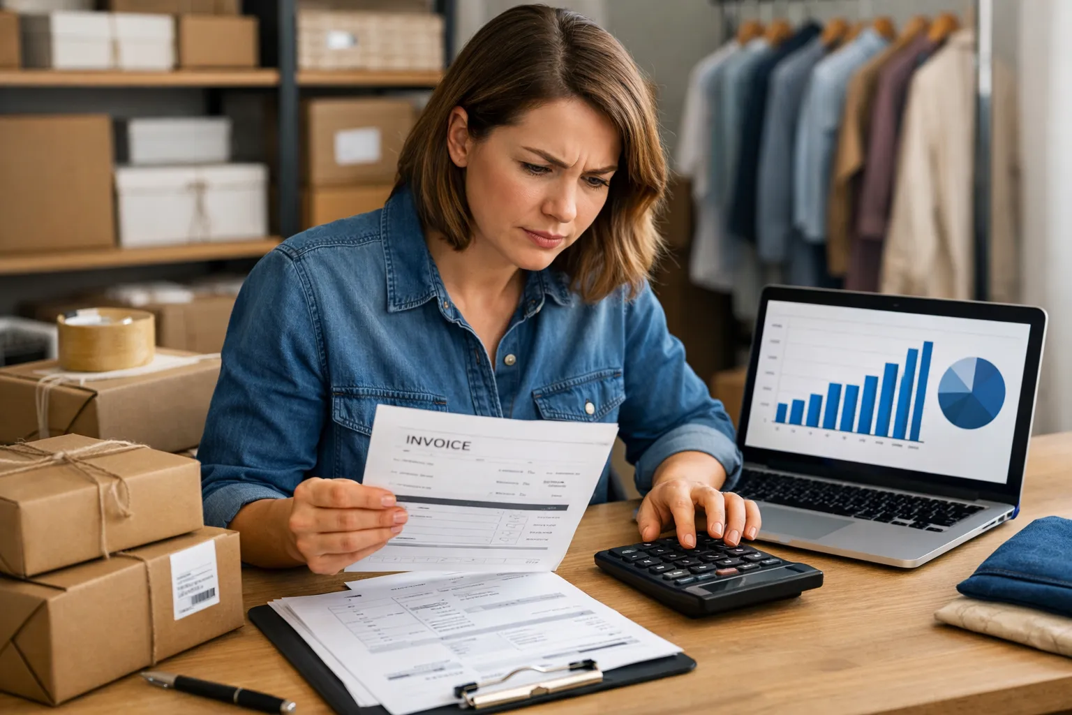 An ecommerce owner checking advertising invoices beside a laptop, calculator and packed orders.
