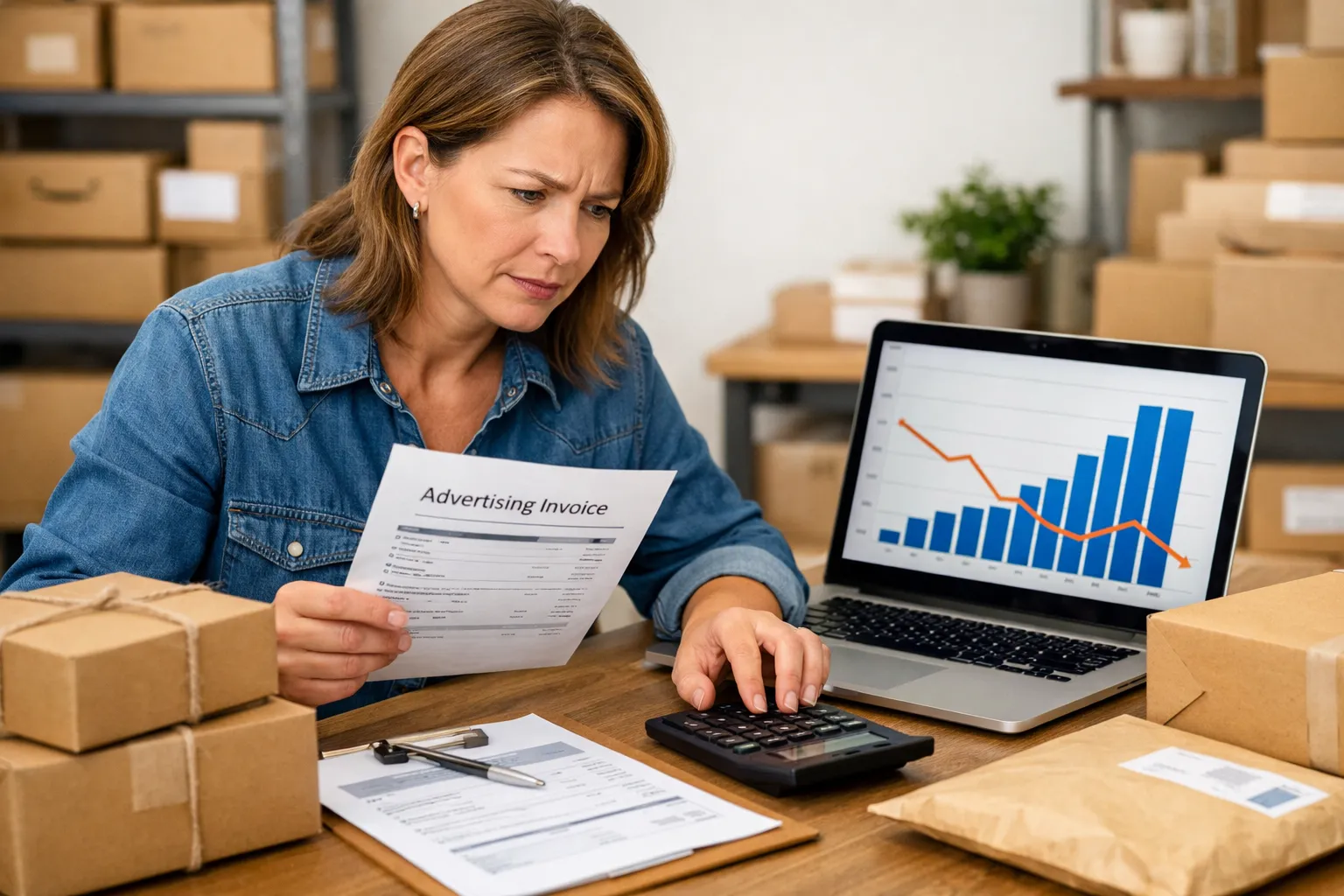 An ecommerce owner checking advertising invoices beside a laptop, calculator and packed orders.