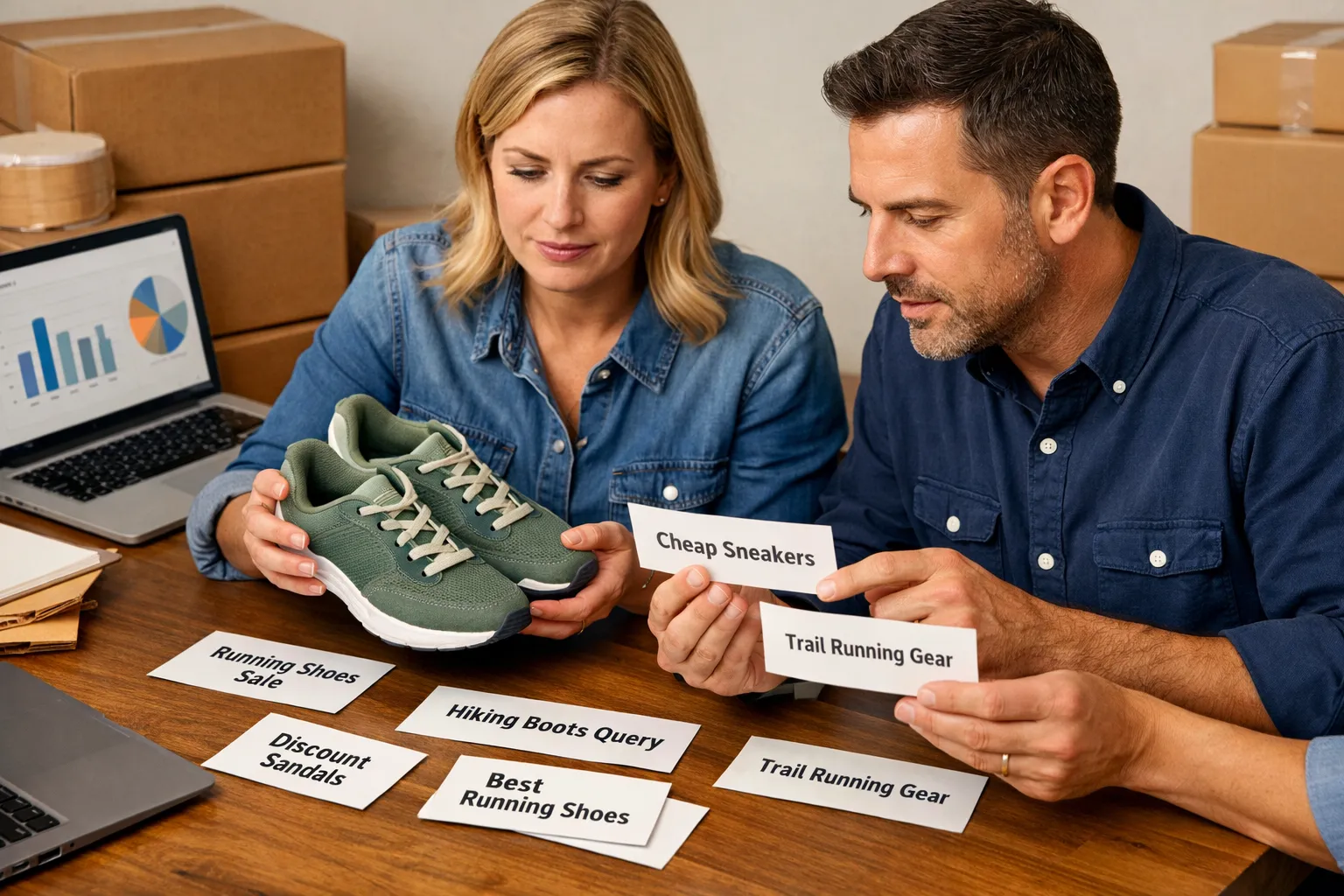 An ecommerce owner and marketer reviewing search-query cards beside products and customer orders.