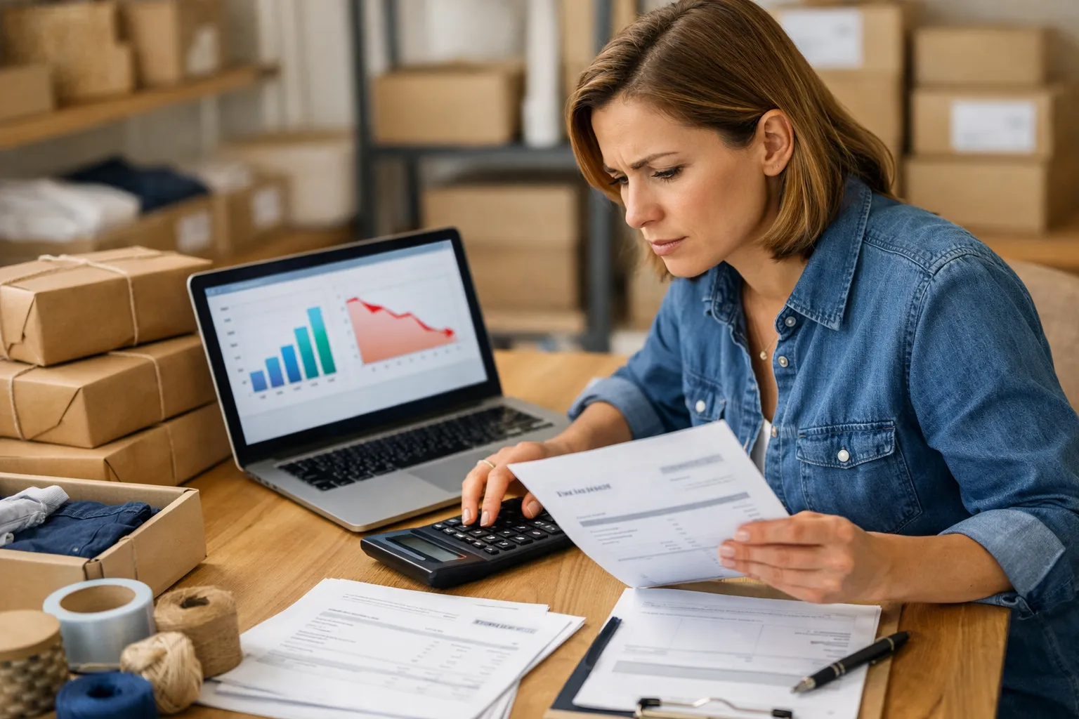 An ecommerce owner checking advertising invoices beside a laptop, calculator and packed orders.