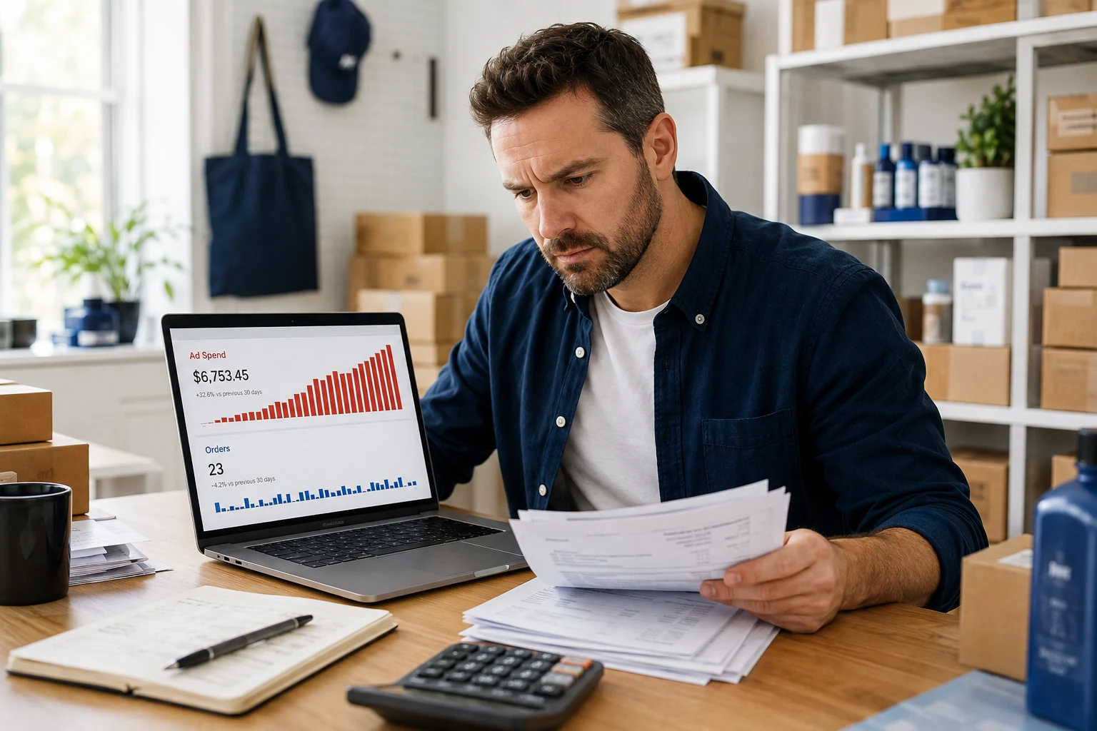 An ecommerce owner checking advertising invoices beside a laptop, calculator and packed customer orders.
