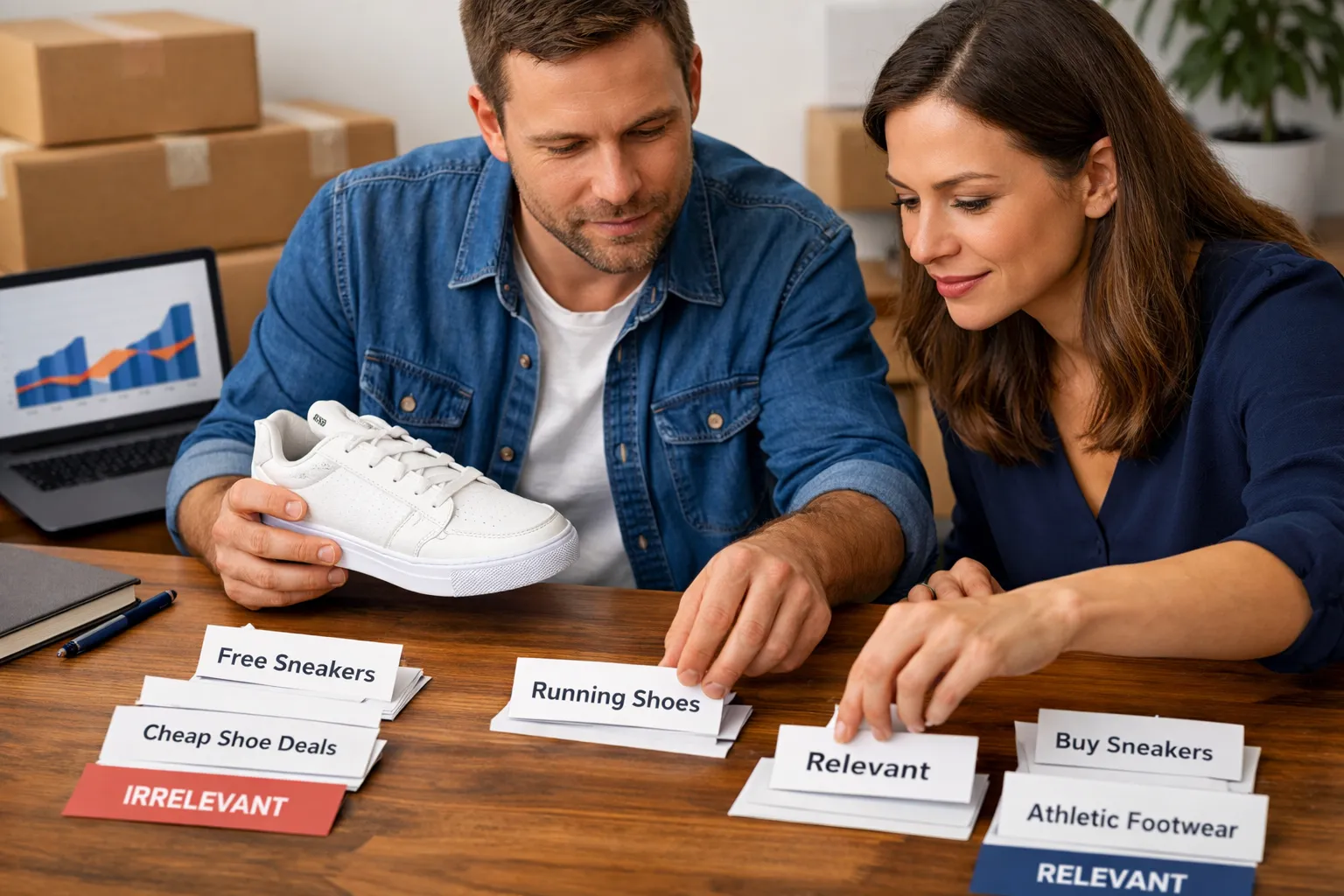An ecommerce owner and marketer reviewing search-query cards beside products and customer orders.