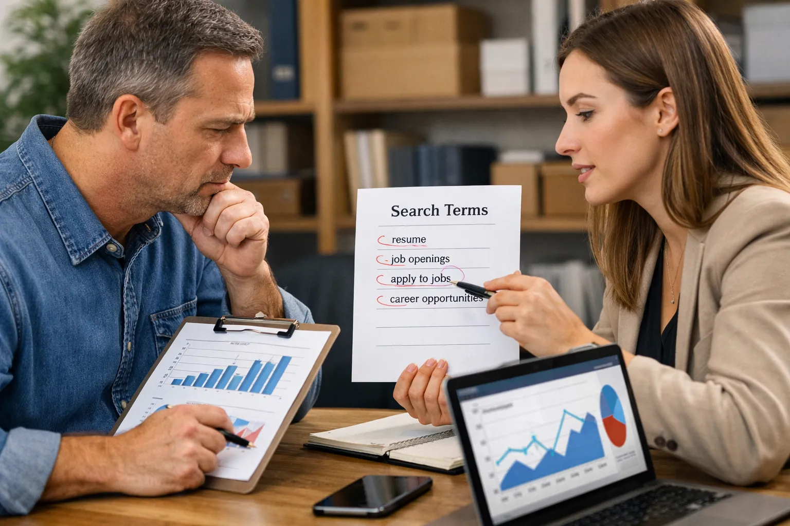 A business owner and marketer reviewing an advertising decision in their workplace.