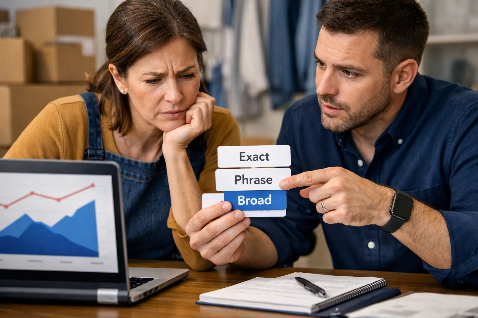 A business owner and marketer reviewing an advertising decision in their workplace.