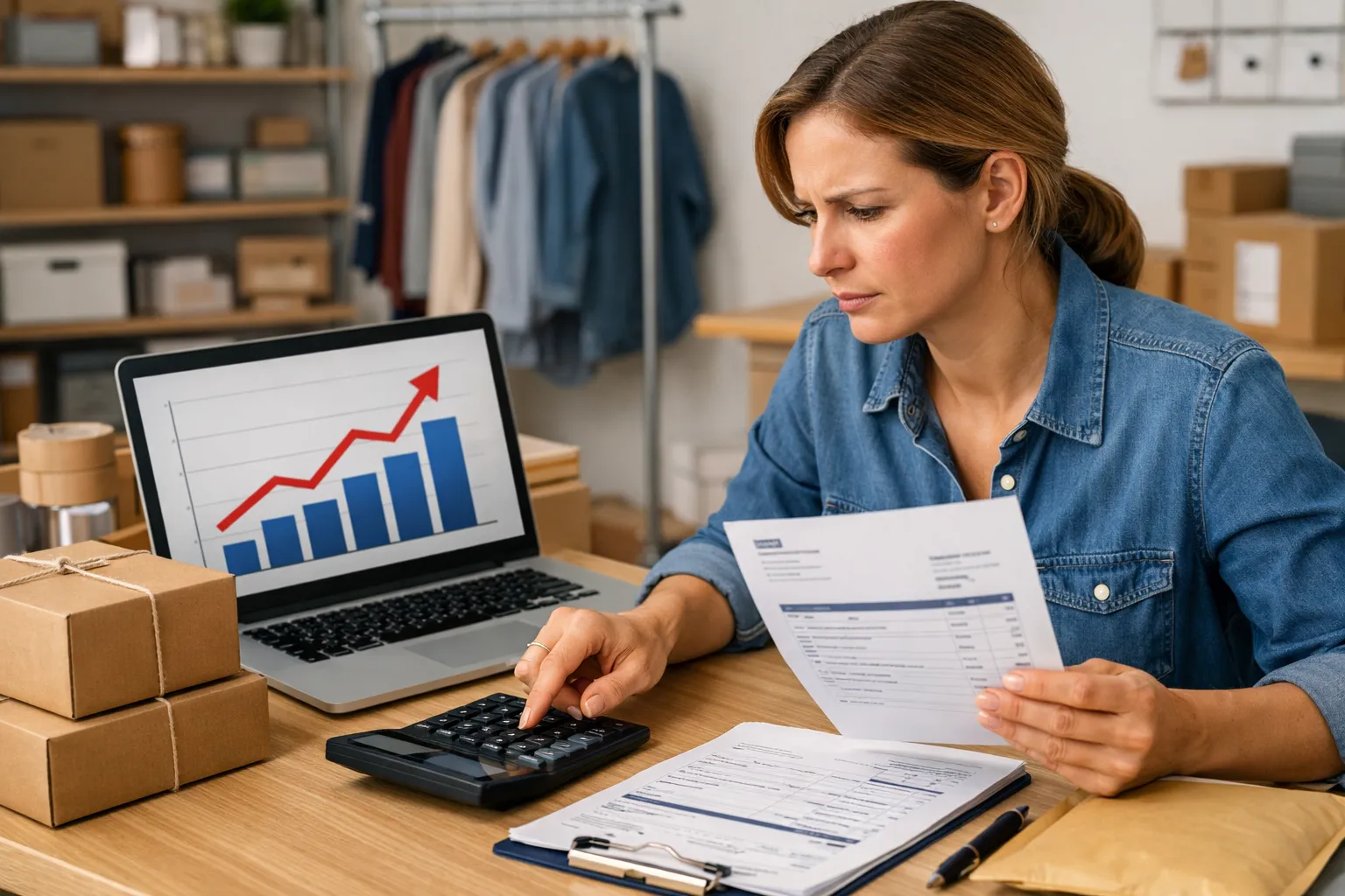 An ecommerce owner checking advertising invoices beside a laptop, calculator and packed orders.