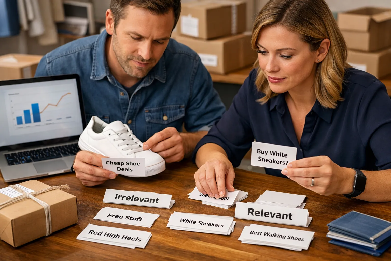 An ecommerce owner and marketer reviewing search-query cards beside products and customer orders.