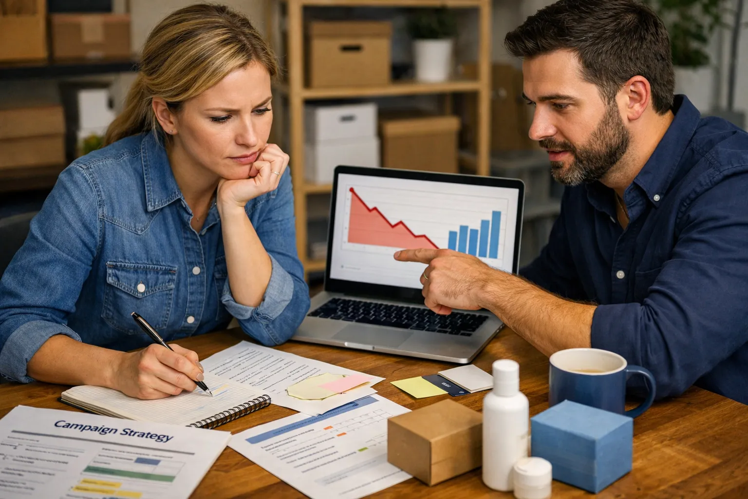 Agency colleagues reviewing an advertising plan with campaign notes and product samples.