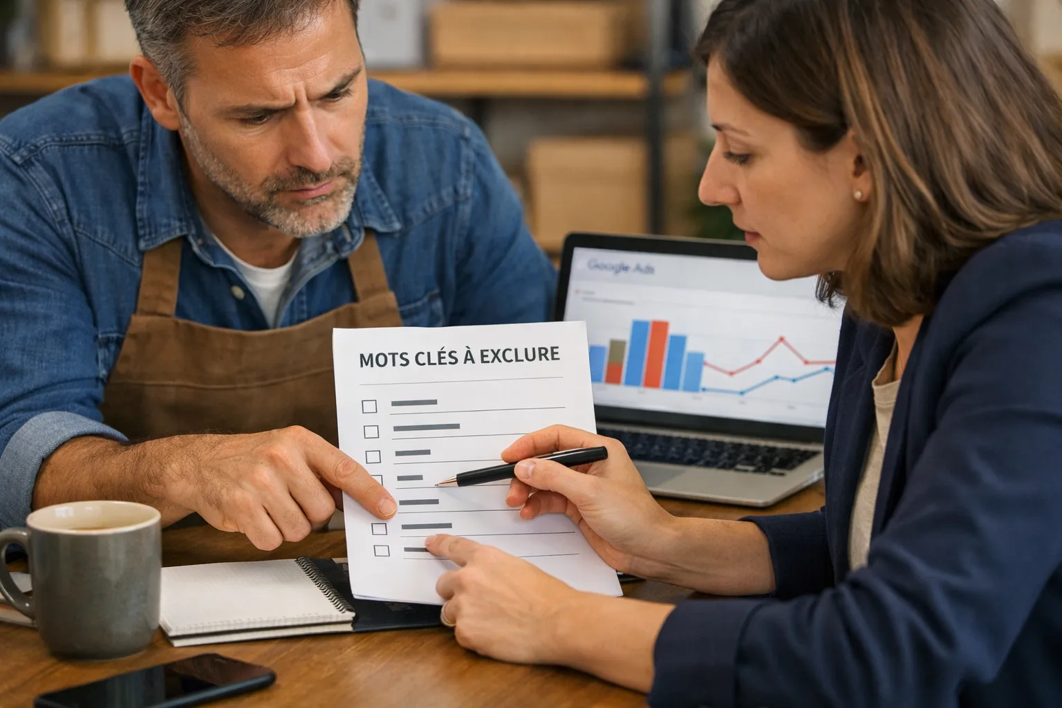 A business owner and marketer reviewing an advertising decision in their workplace.
